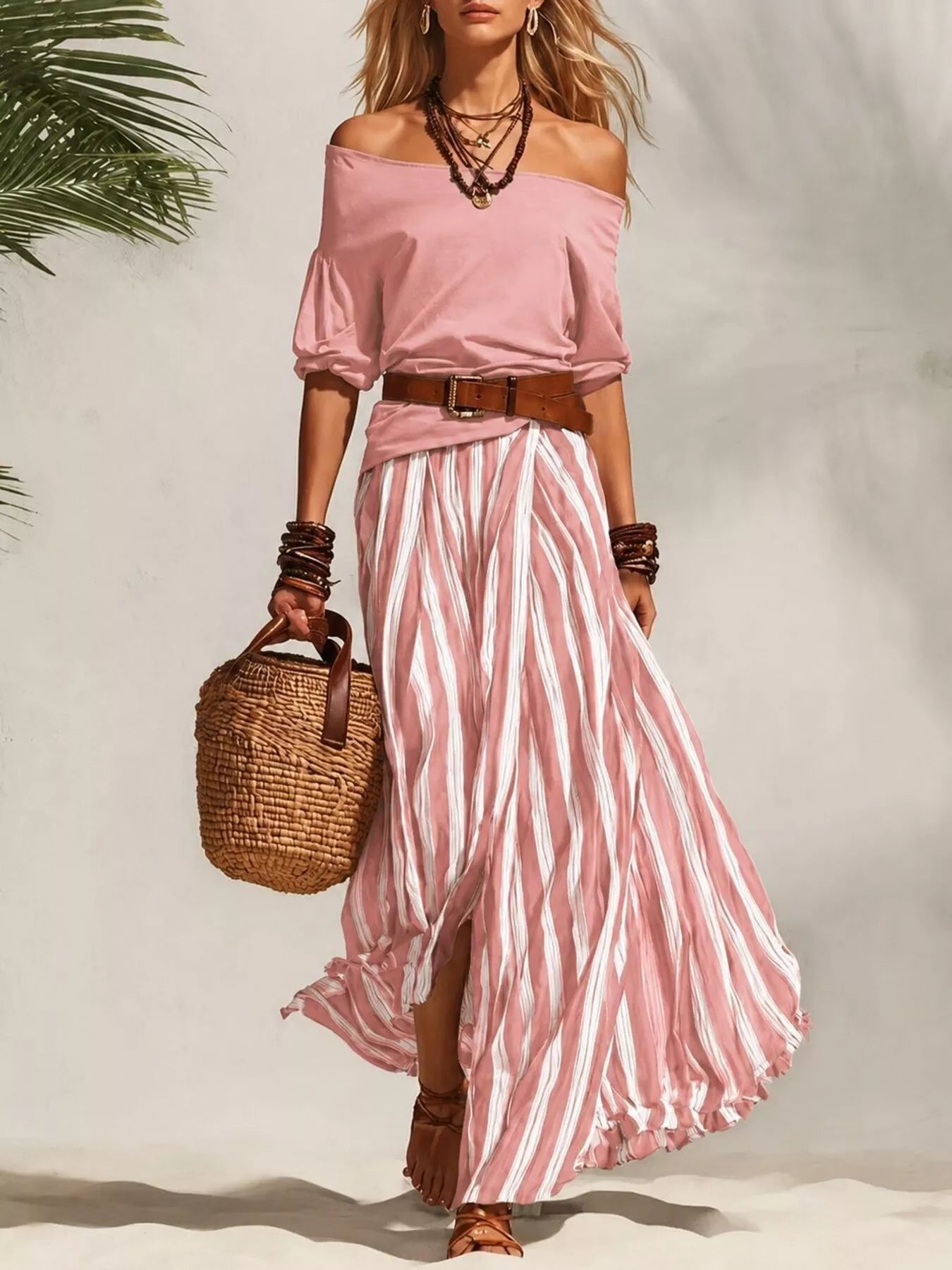 Off shoulder top and striped maxi skirt set from Trendsi, featuring a flowy off-shoulder blouse and a long striped skirt.