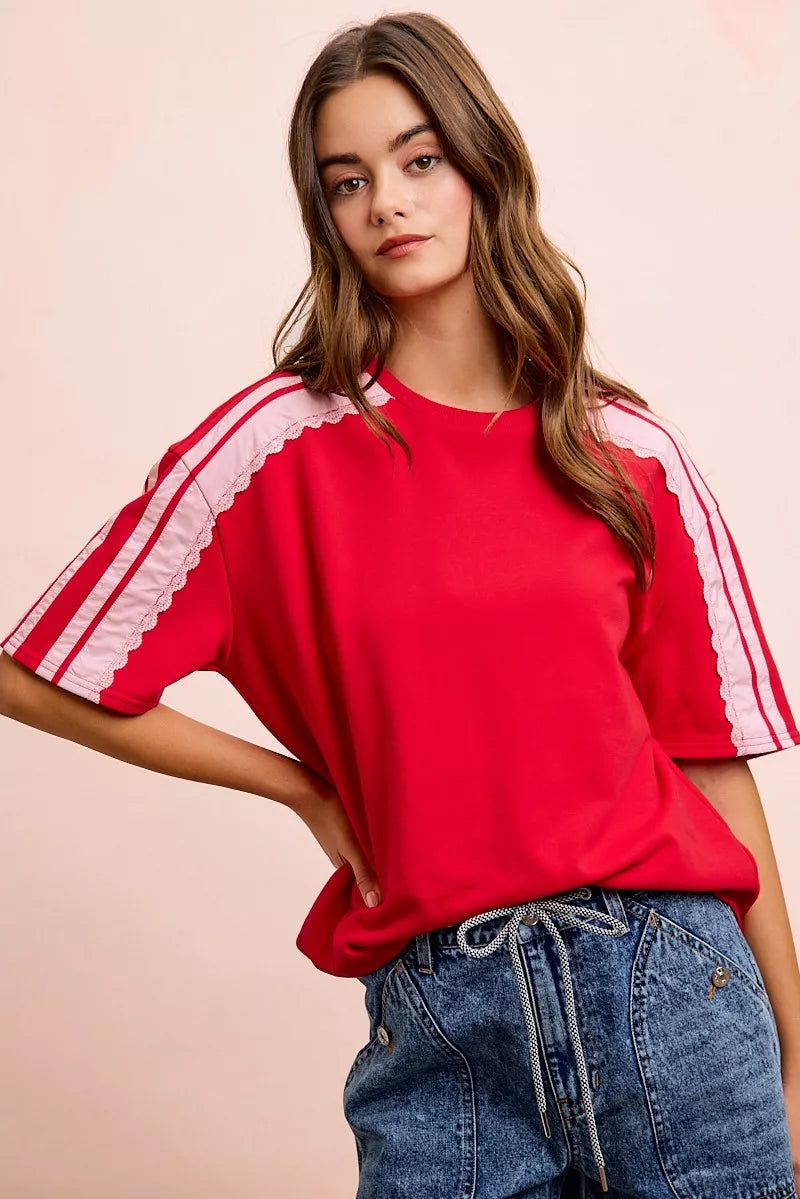 BiBi French Terry short sleeve top with side lace detail, trendy casual top by Trendsi, shown in a close-up image.
