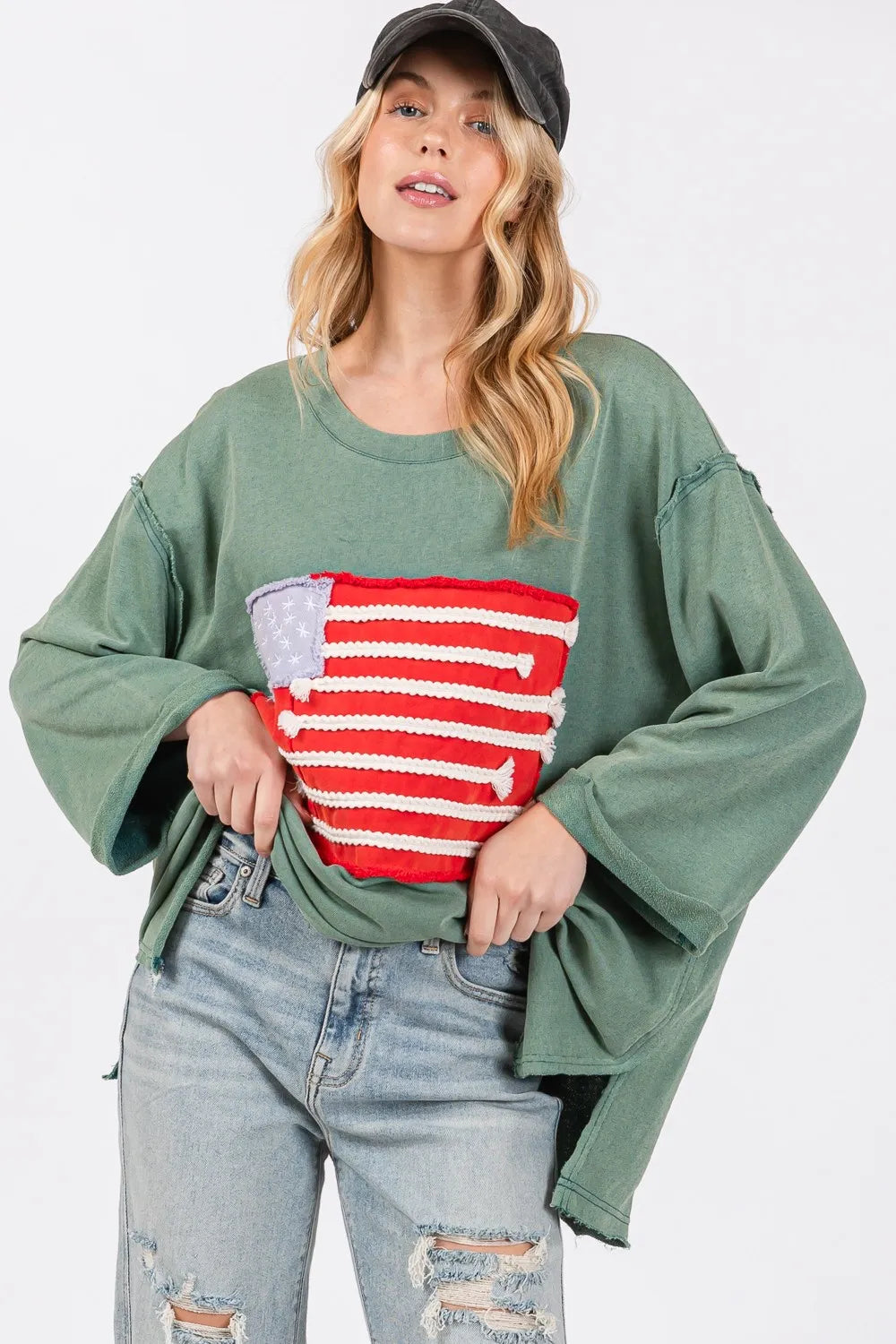 Full size American flag patch T-shirt by Trendsi with drop shoulder design and sage and fig colors.