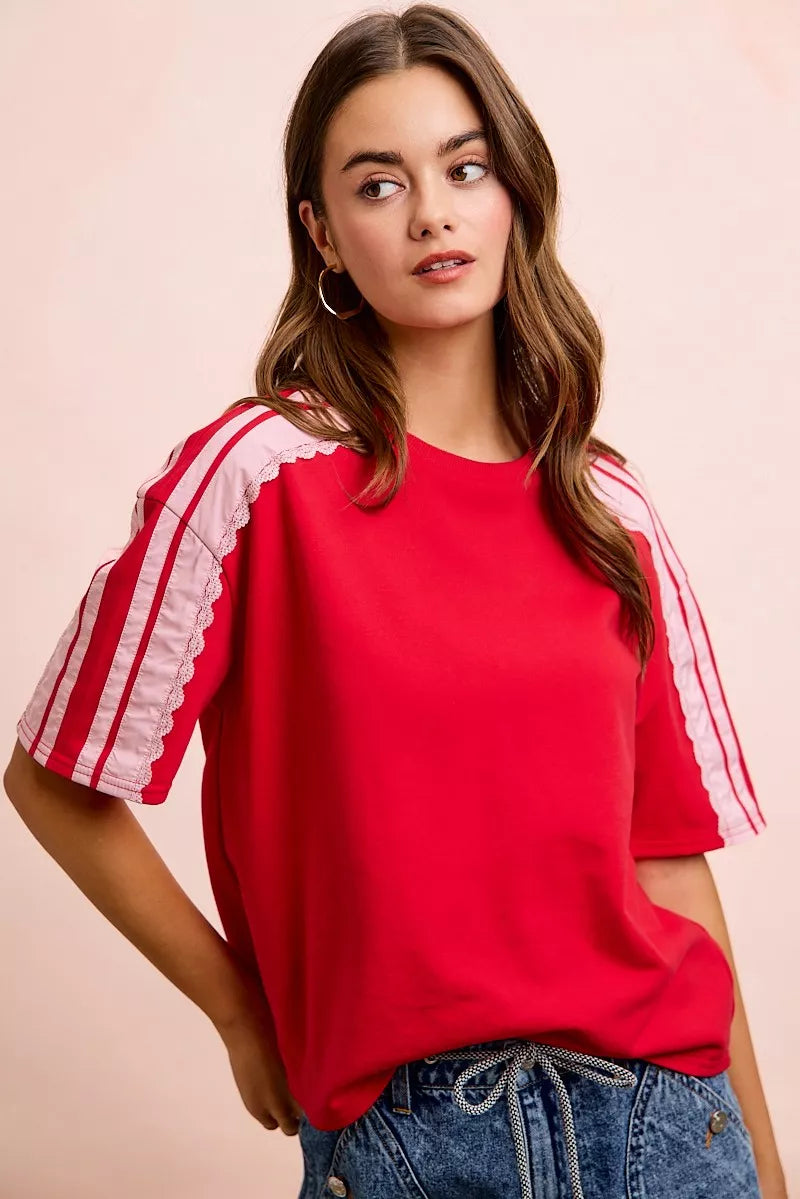 BiBi French Terry side lace detail short sleeve top by Trendsi, featuring a relaxed fit and casual style.