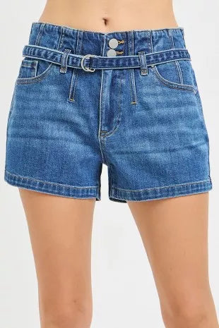 Risen slouchy denim shorts with belt, featuring a relaxed fit and casual style, shown in a natural fabric and blue denim.
