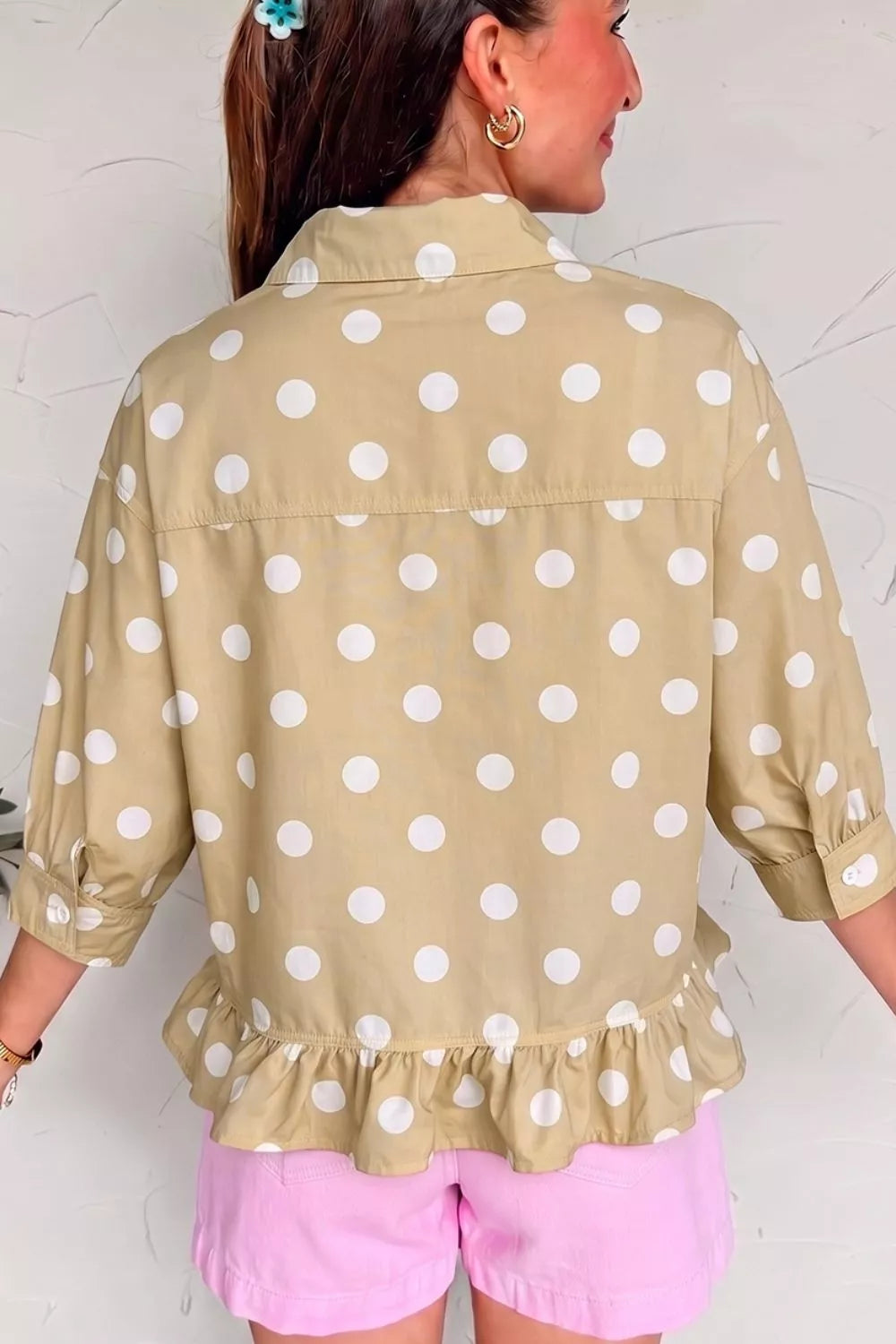 Polka dot print casual shirt with three-quarter sleeves and ruffle hem, from Trendsi, shown in a stylish, relaxed fit.