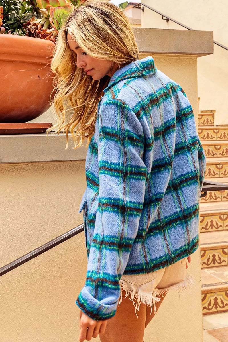 Brushed vintage plaid jacket with BiBi flap pockets and classic design, trendy and stylish for casual wear