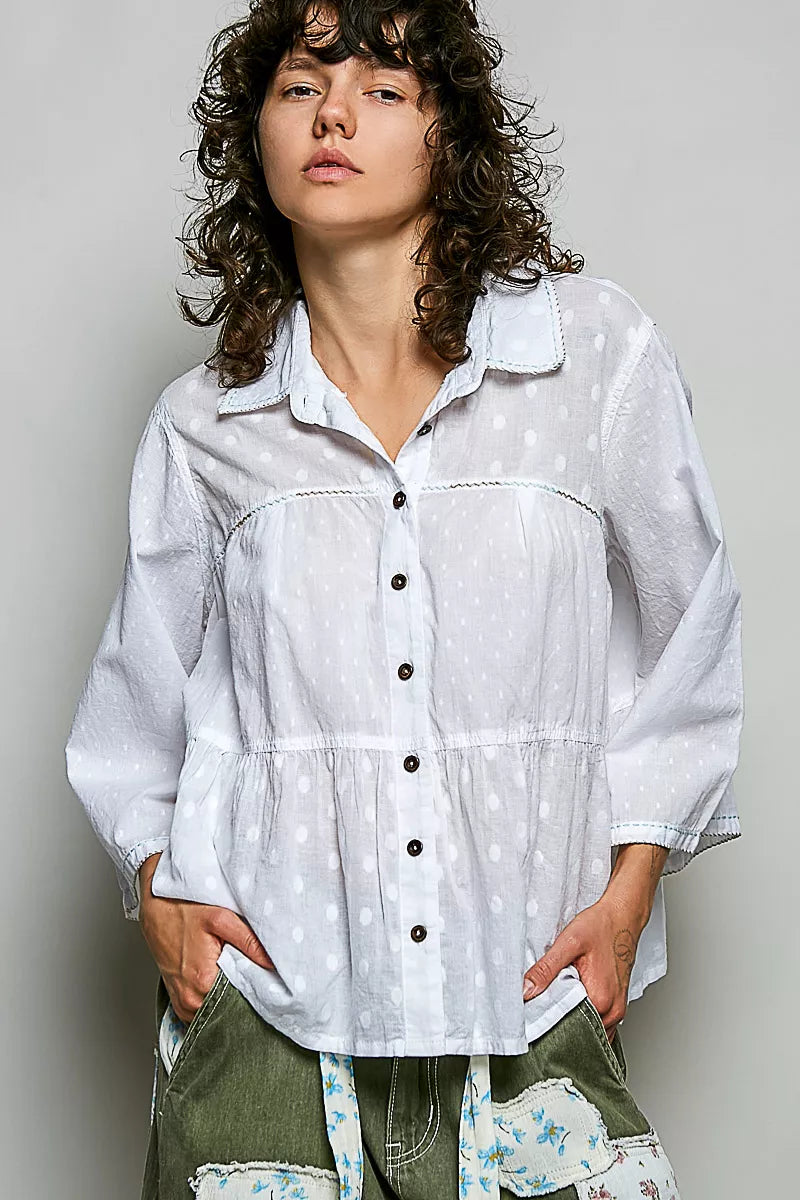 POL Trendsi tonal dot weave textured button-front shirt with a stylish pattern and classic collar, displayed on a hanger.