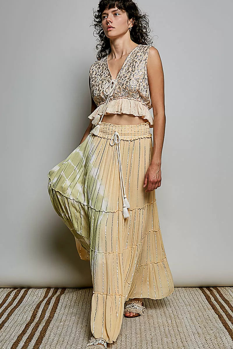 Trendsi POL shimmer tiered maxi skirt with reverse ruffle design and smocked waist, elegant and flowy for casual or dressy wear.