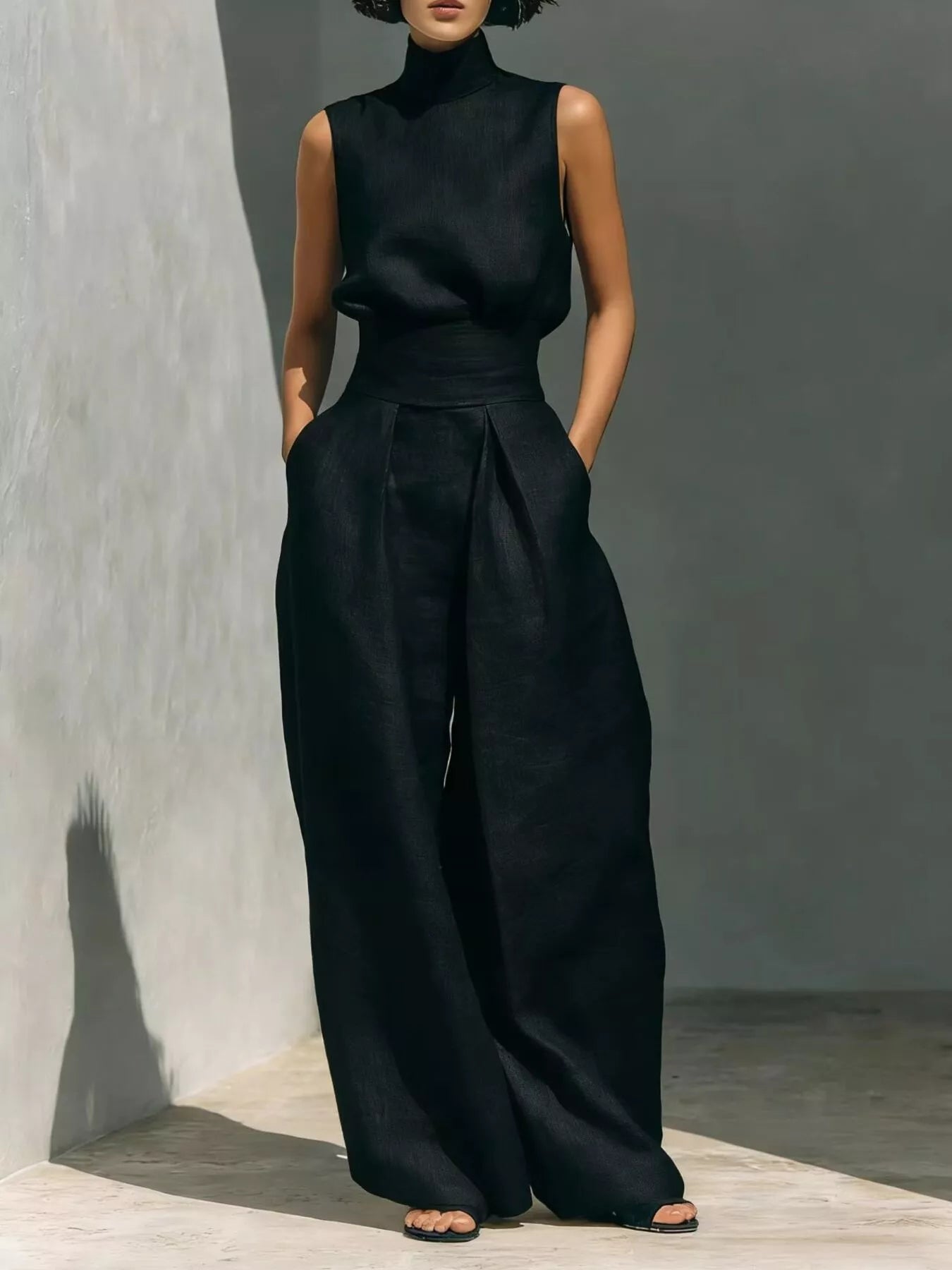 Plus size sleeveless wide-leg jumpsuit with smocked waist, trendy full-length design from Trendsi.