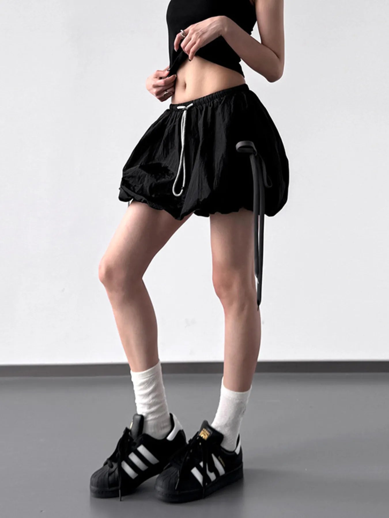 Bubble drawstring casual shorts by Trendsi, showing lightweight fabric with an elastic waistband and relaxed fit.