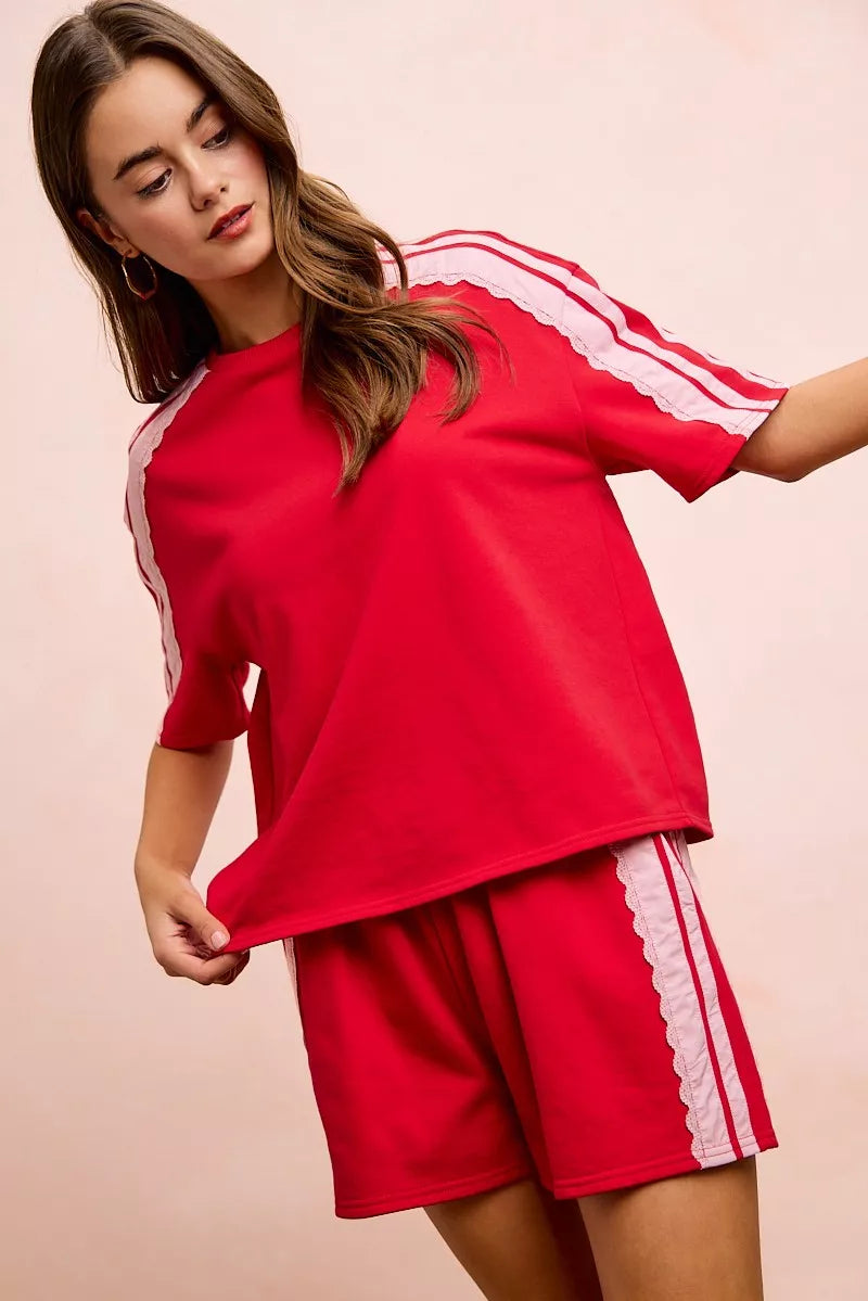 BiBi French Terry short sleeve top with side lace detail and relaxed fit, from Trendsi.