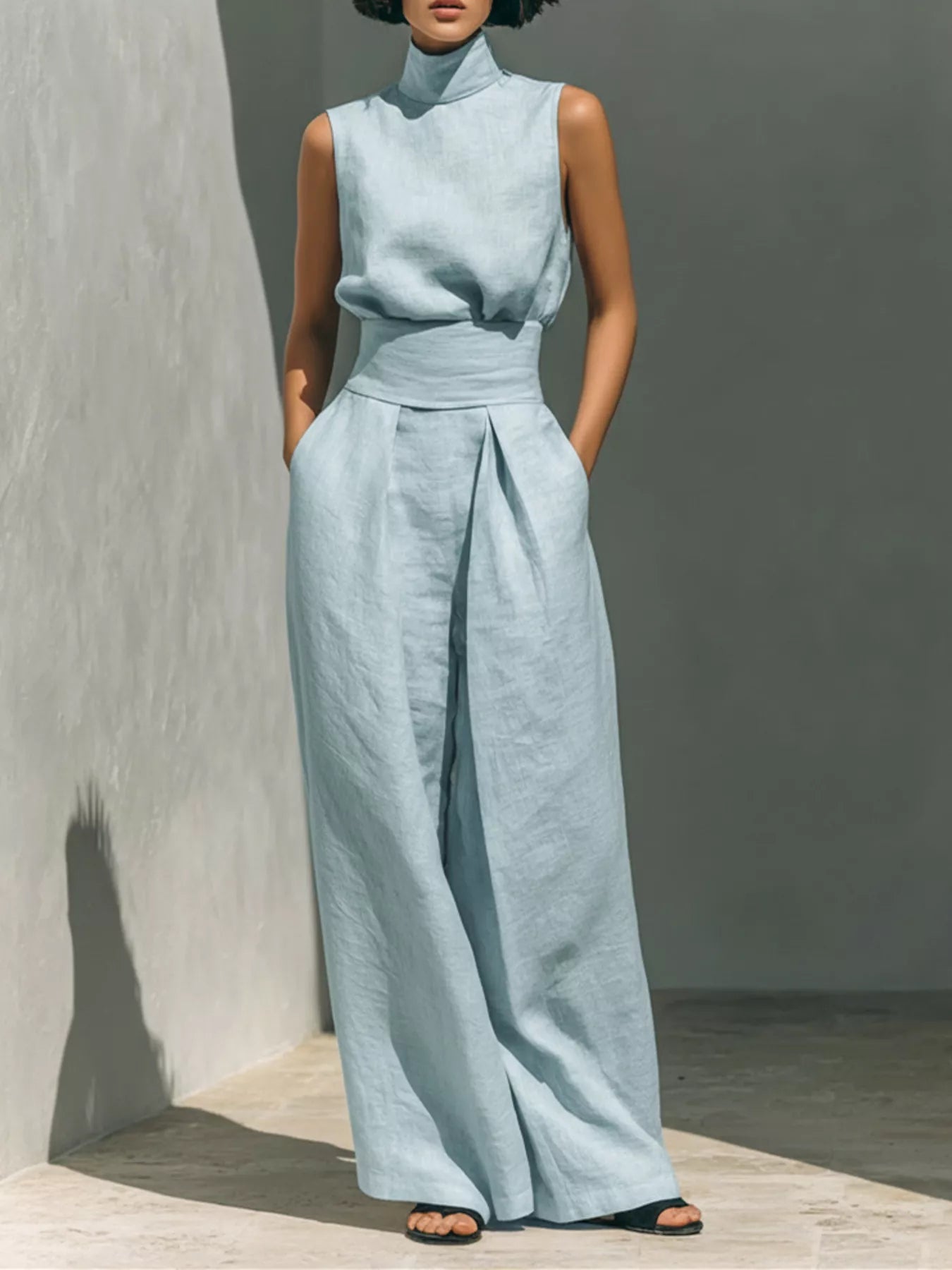 Plus size sleeveless jumpsuit with wide-leg design and smocked waist, featuring trendy style by Trendsi.