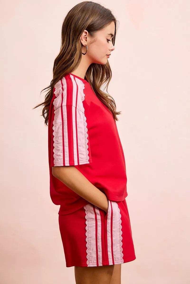 BiBi French Terry short sleeve top with side lace detail in a casual, comfortable fit, by Trendsi.