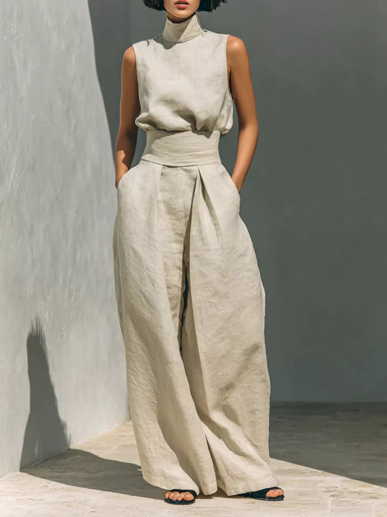 Plus size sleeveless wide-leg jumpsuit with smocked waist from Trendsi, shown in full size on a model.