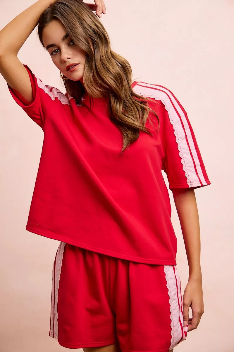 BiBi French Terry side lace detail short sleeves top with relaxed fit, featuring casual style and trendy design by Trendsi.