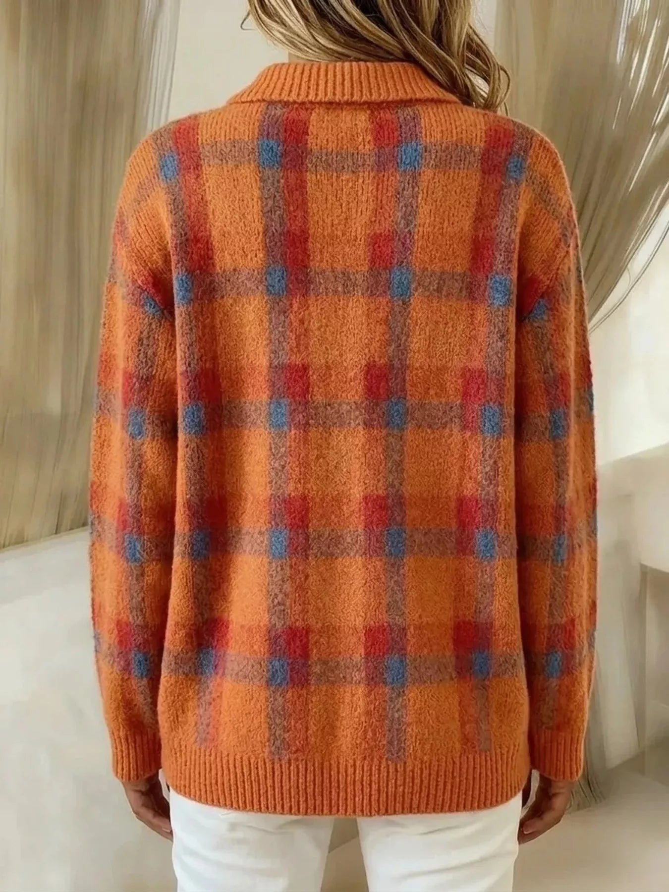 Trendsi plaid button-up cardigan with front buttons and classic checkered pattern, cozy knit for casual and layered outfits.