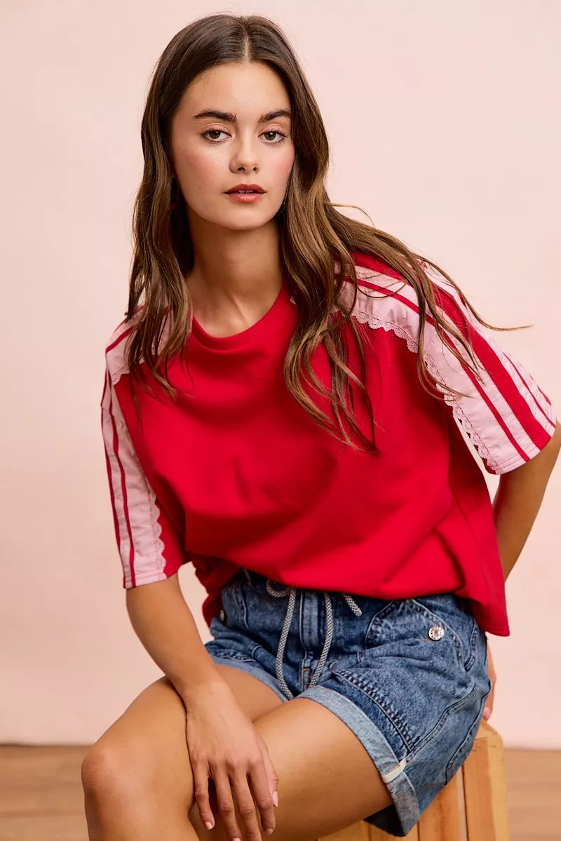 Trendsi BiBi French Terry short sleeve top with side lace detail, casual and comfortable women’s loungewear or fashion top.