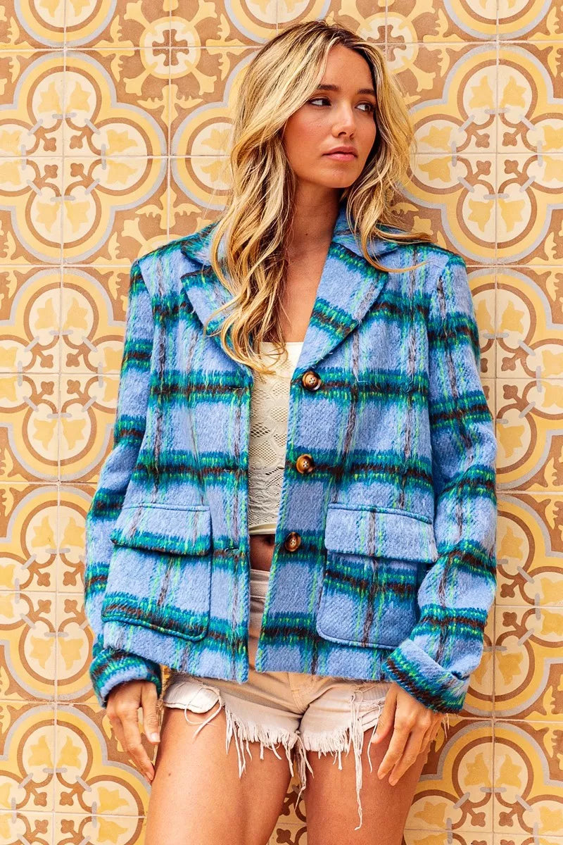 Trendsi BiBi Flap Pockets brushed vintage plaid jacket with collar, long sleeves, and button closure in classic style.