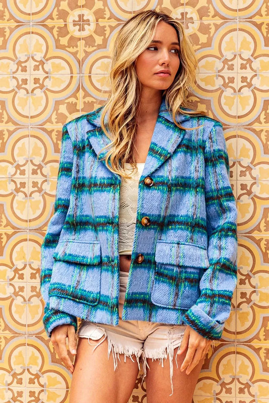 Trendsi BiBi Flap Pockets brushed vintage plaid jacket with collar, long sleeves, and button closure in classic style.
