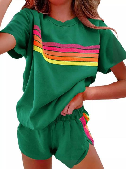 Rainbow striped round neck top and shorts set by Trendsi, featuring vibrant colors and comfortable casual fit.