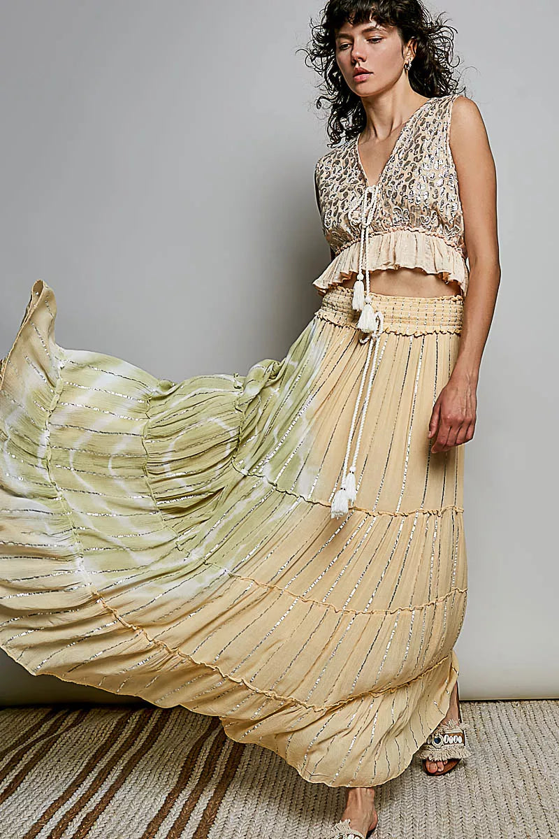 Trendsi POL shimmer tiered reverse ruffle maxi skirt with smocked waist, featuring a flowing, layered design in a shimmering fabric.