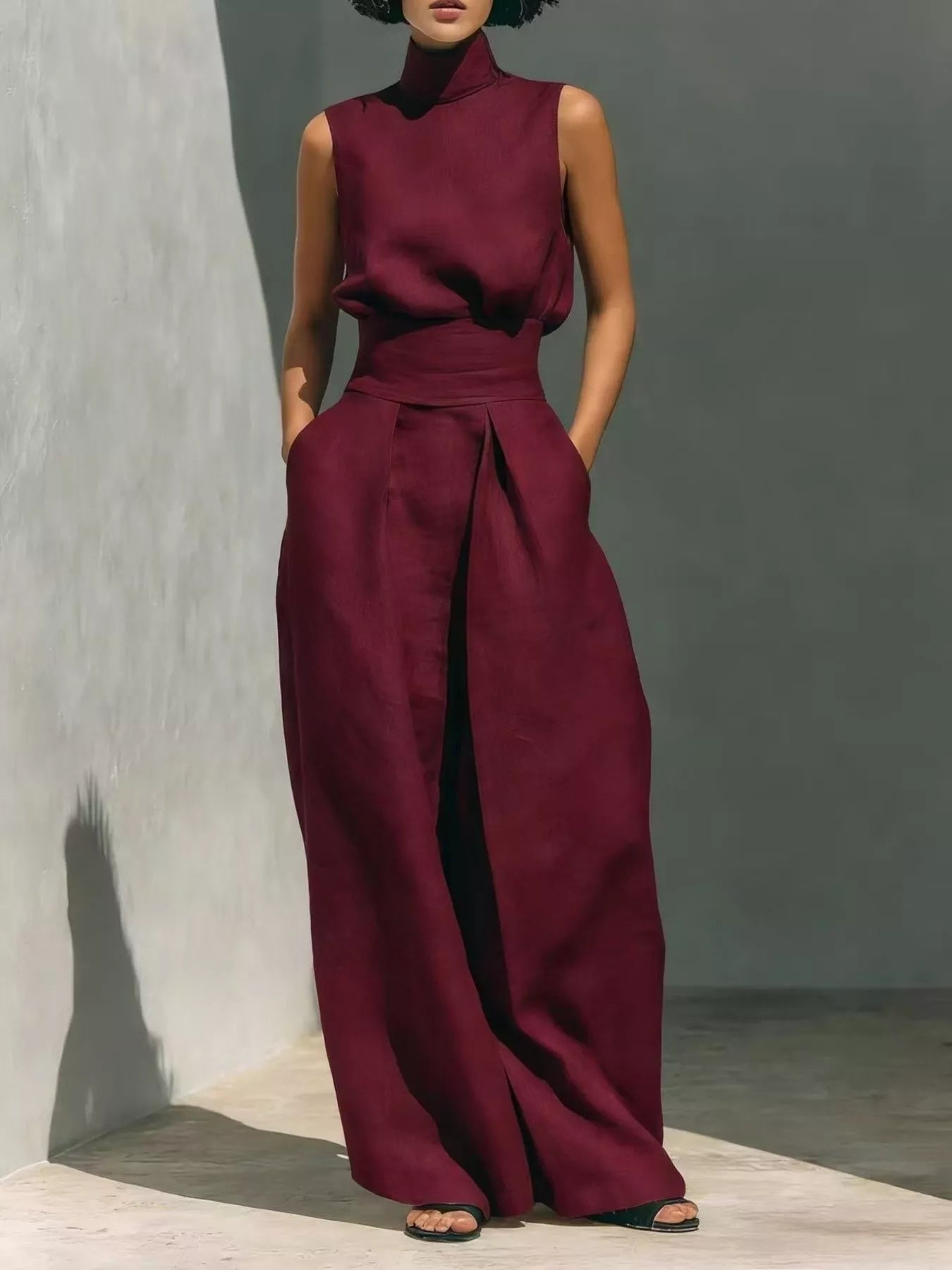 Plus size sleeveless wide-leg jumpsuit with smocked waist from Trendsi, shown in a full-length view highlighting its relaxed fit and style.