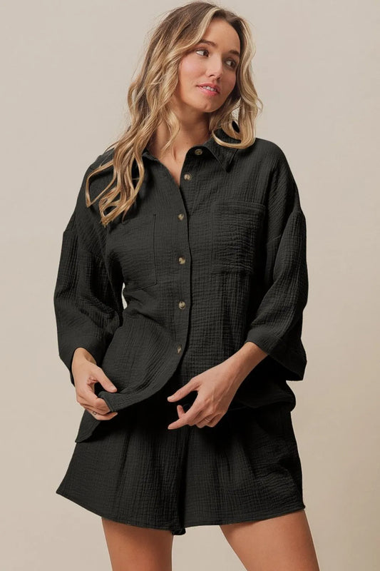 BiBi Crinkle Gauze Shirt and Short Set by Trendsi, featuring lightweight crinkled fabric and a relaxed, casual summer style.