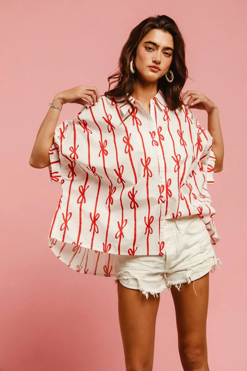 Woven printed button-down shirt with BiBi Bow Ribbon details, stylish and casual for women, from Trendsi.