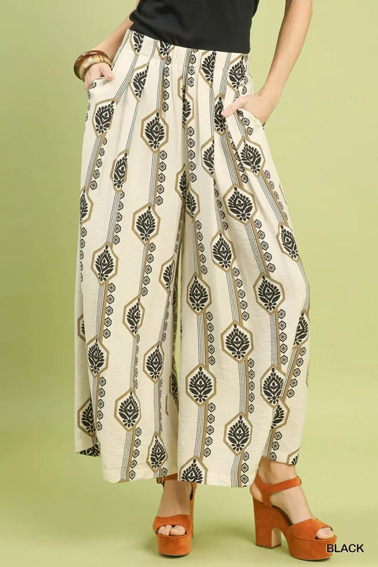 Umgee Geometric Boho Print Wide Leg Pants with relaxed fit and bold pattern, shown in a stylish full-length view.