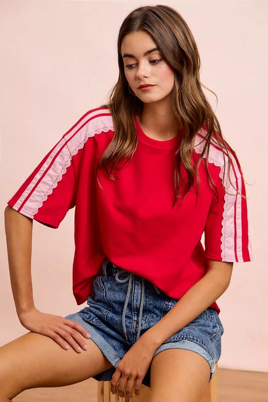 BiBi French Terry short sleeve top by Trendsi with side lace detail, showcasing a casual and stylish design in soft fabric.
