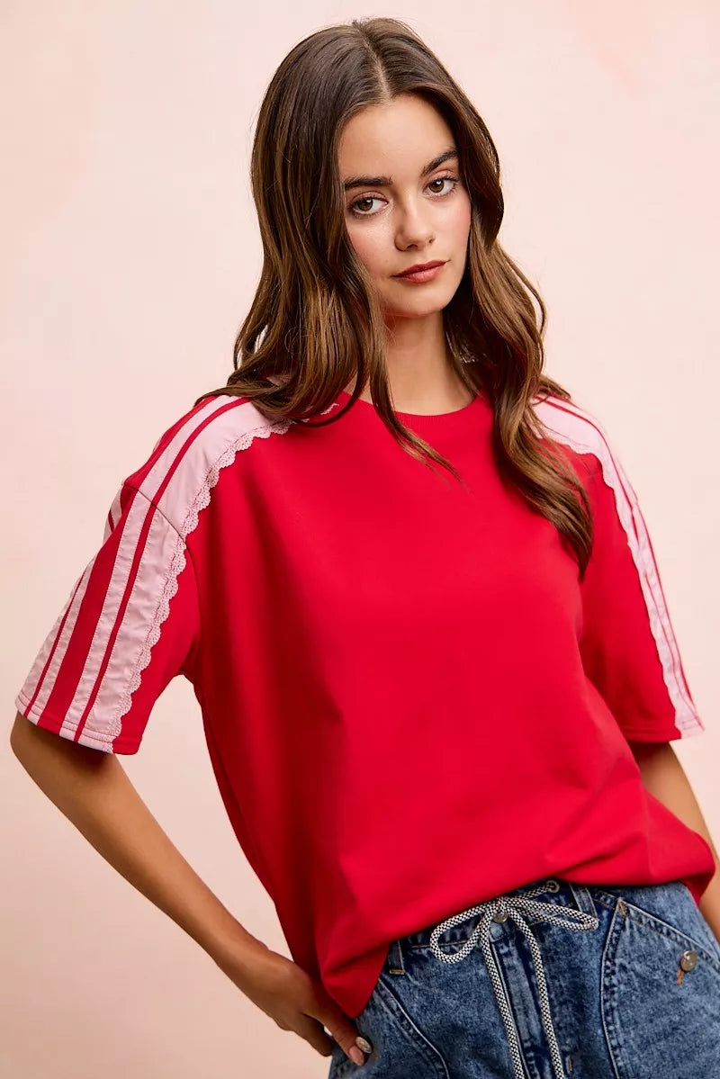 BiBi French Terry short sleeve top with side lace detail, casual trendy shirt from Trendsi featuring a relaxed fit and soft fabric.