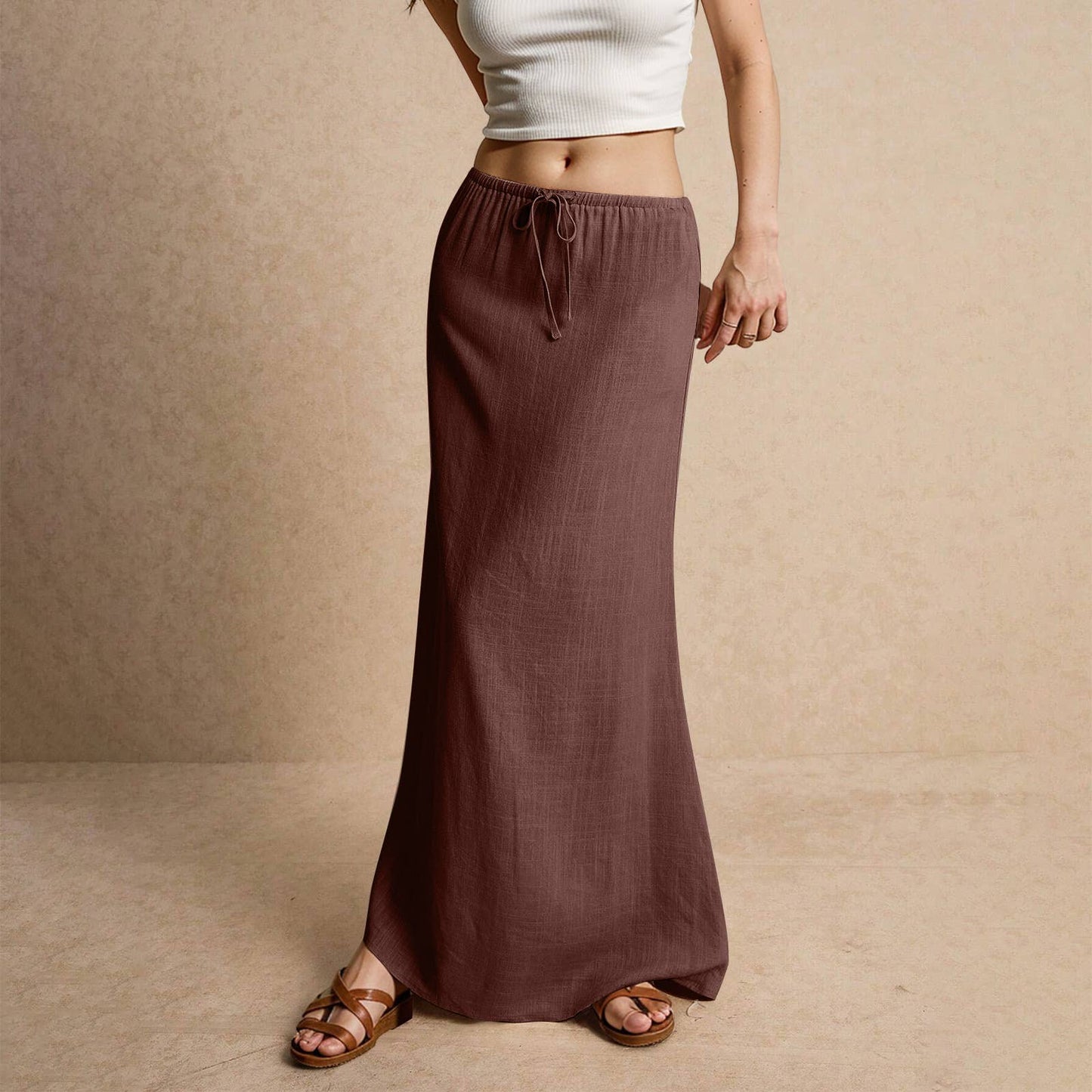 Solid drawstring waist maxi skirt