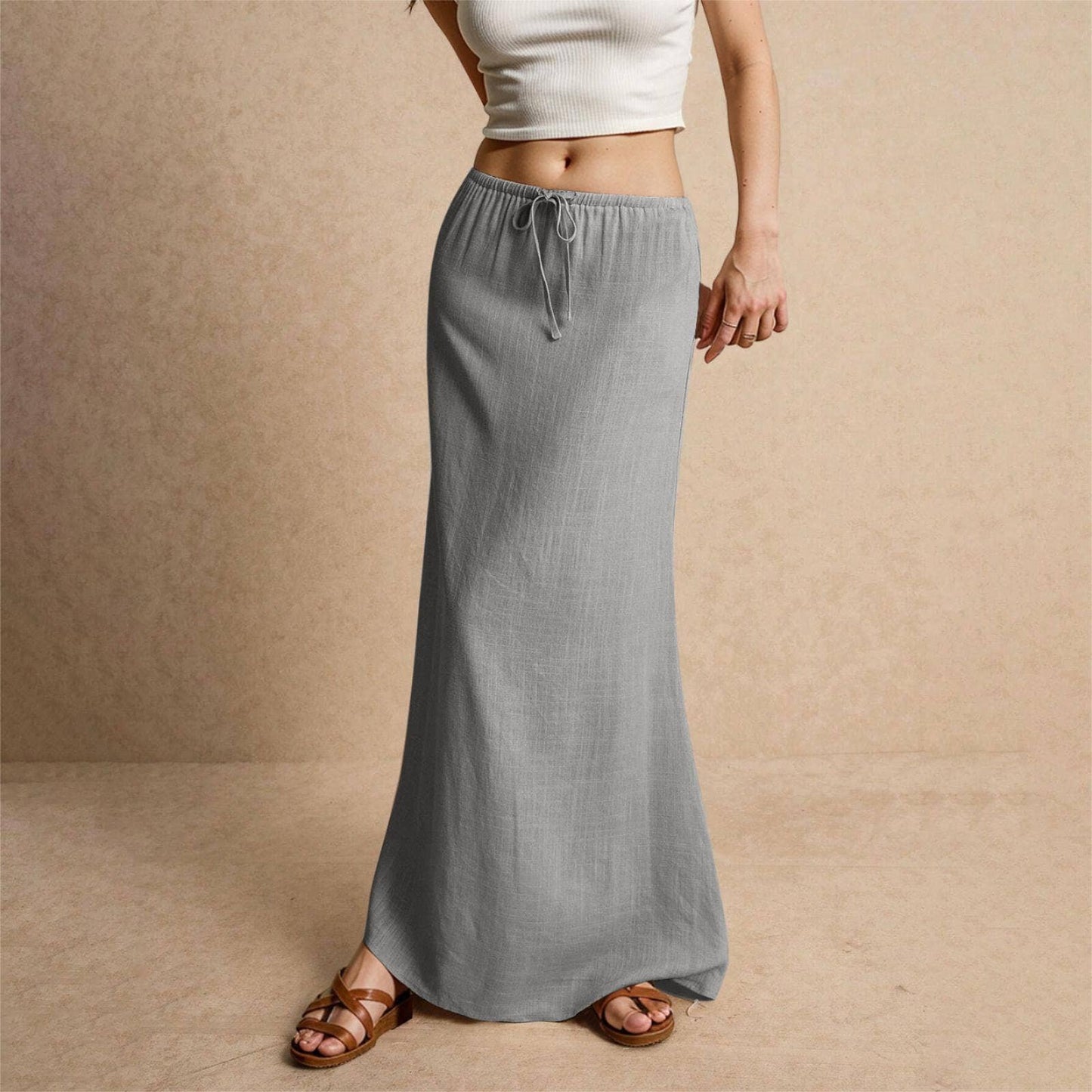 Solid drawstring waist maxi skirt