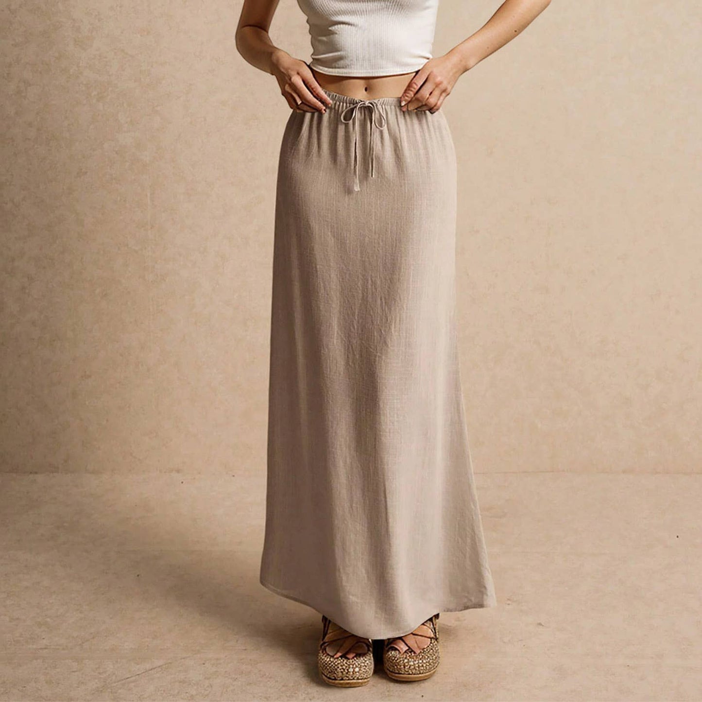 Solid drawstring waist maxi skirt