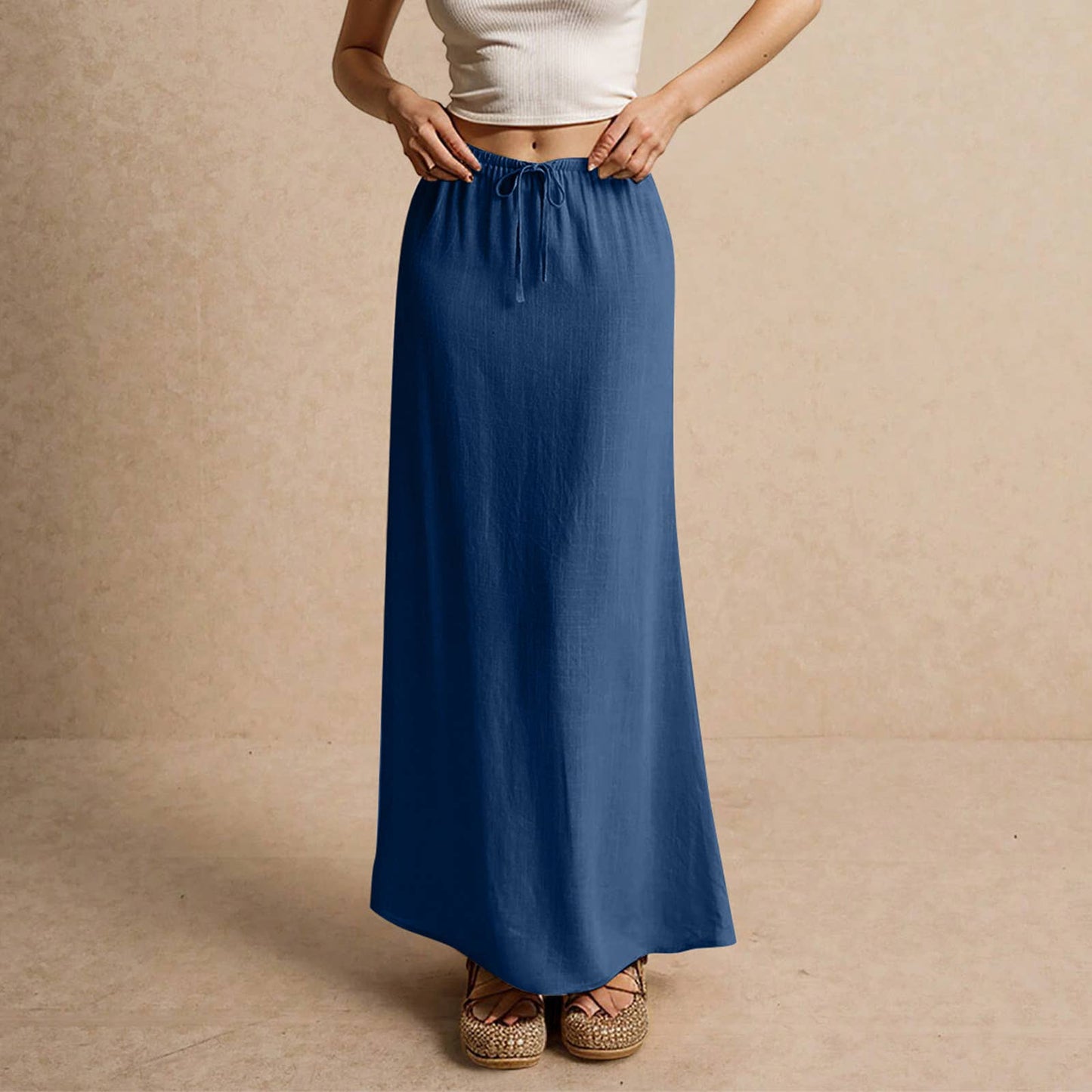 Solid drawstring waist maxi skirt
