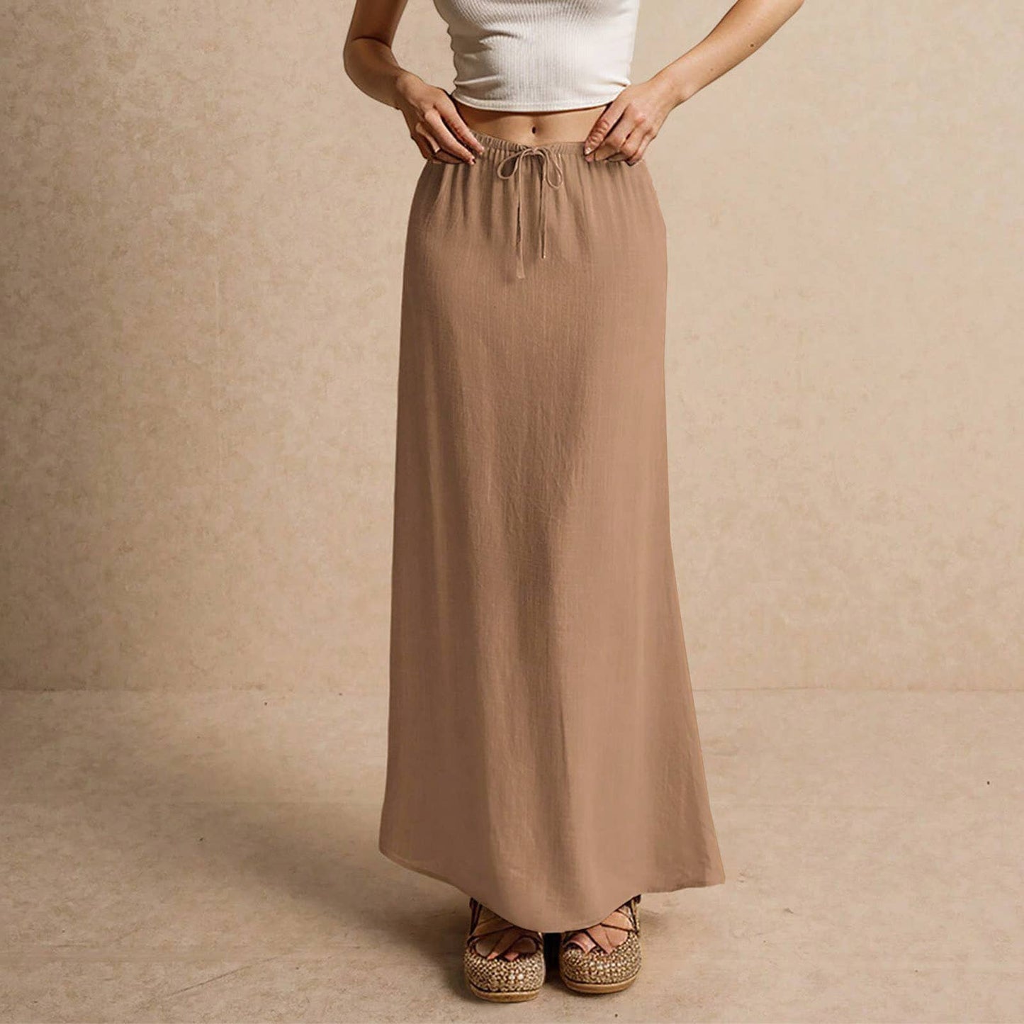 Solid drawstring waist maxi skirt