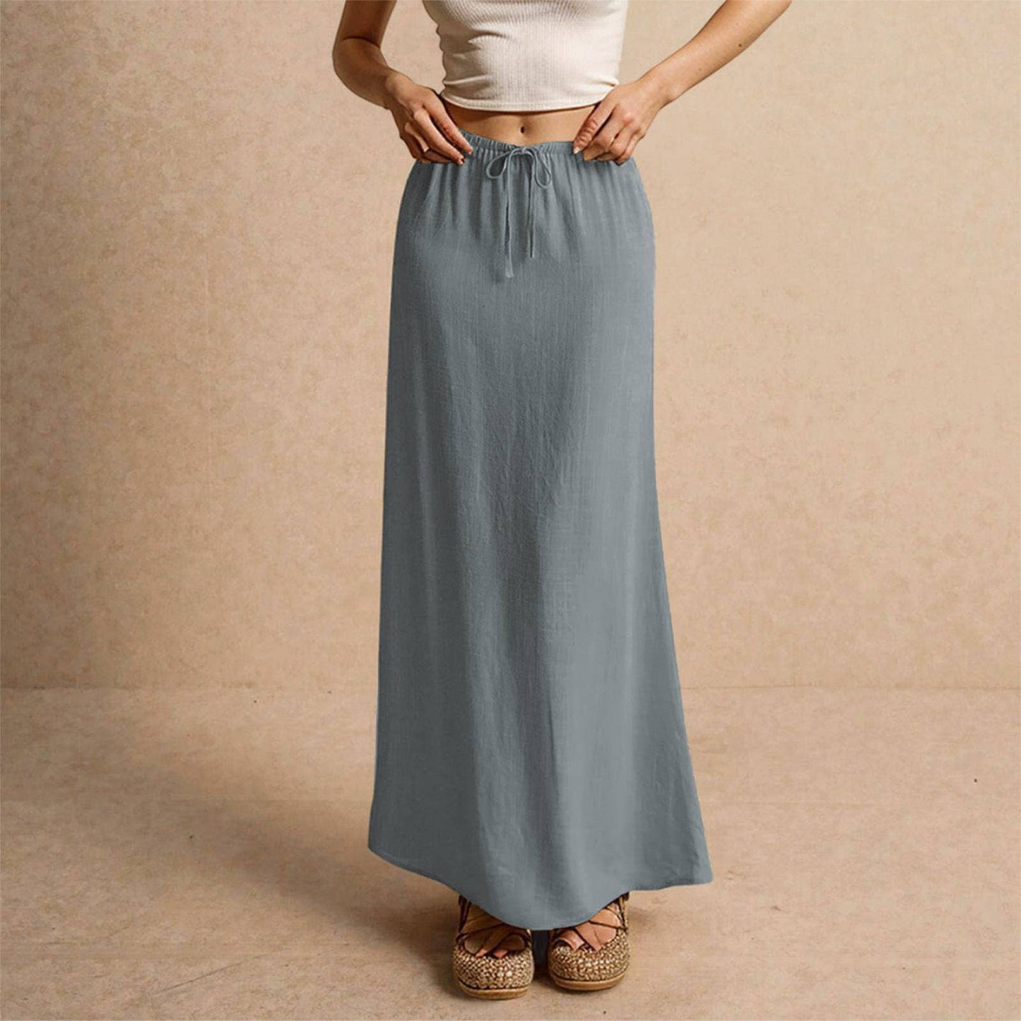 Solid drawstring waist maxi skirt
