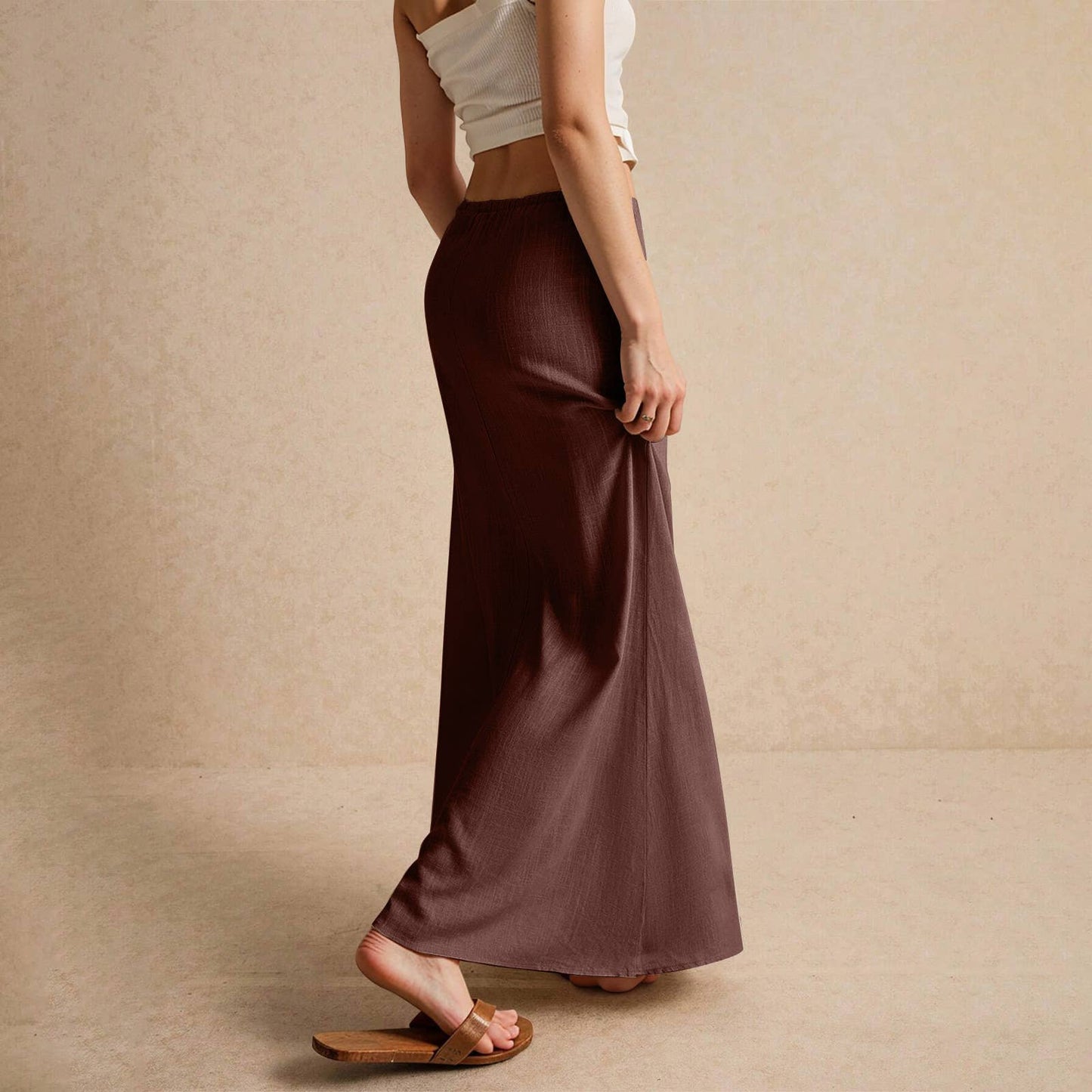 Solid drawstring waist maxi skirt