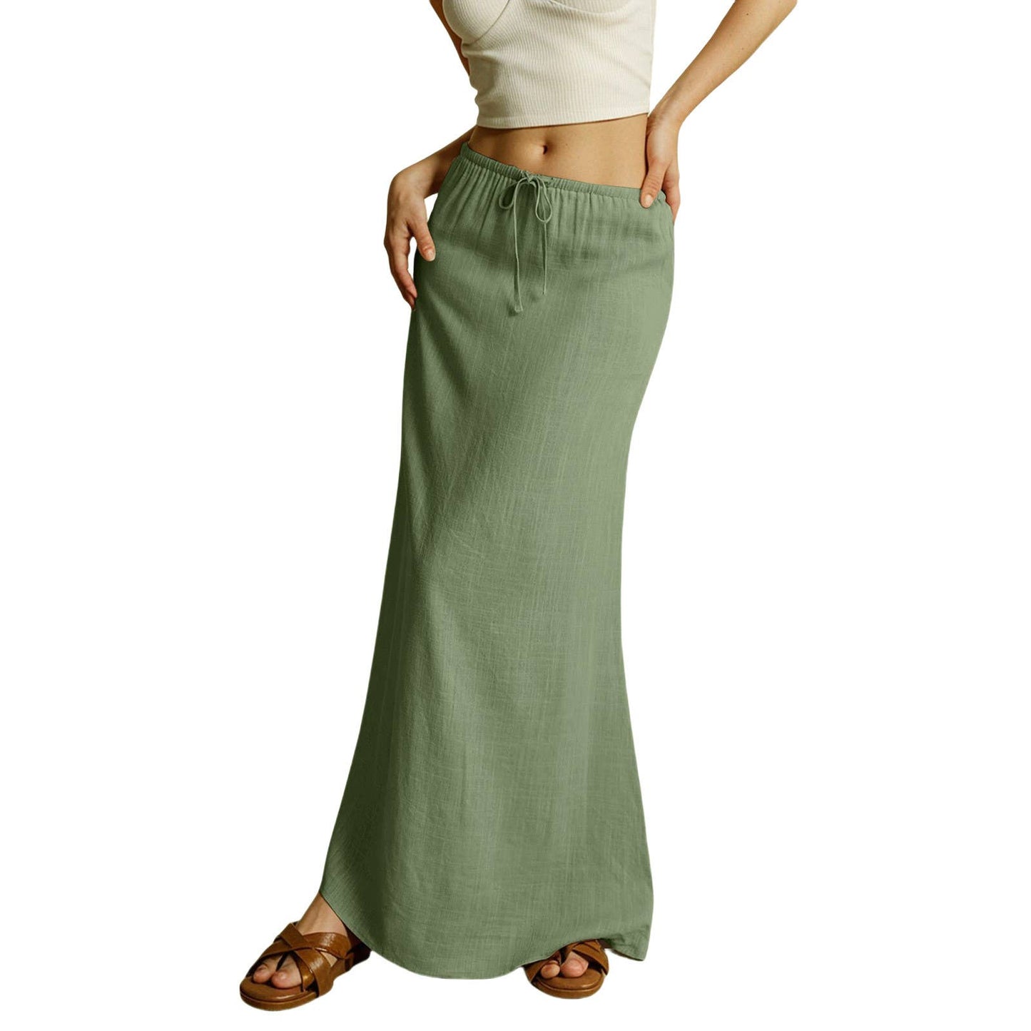 Solid drawstring waist maxi skirt