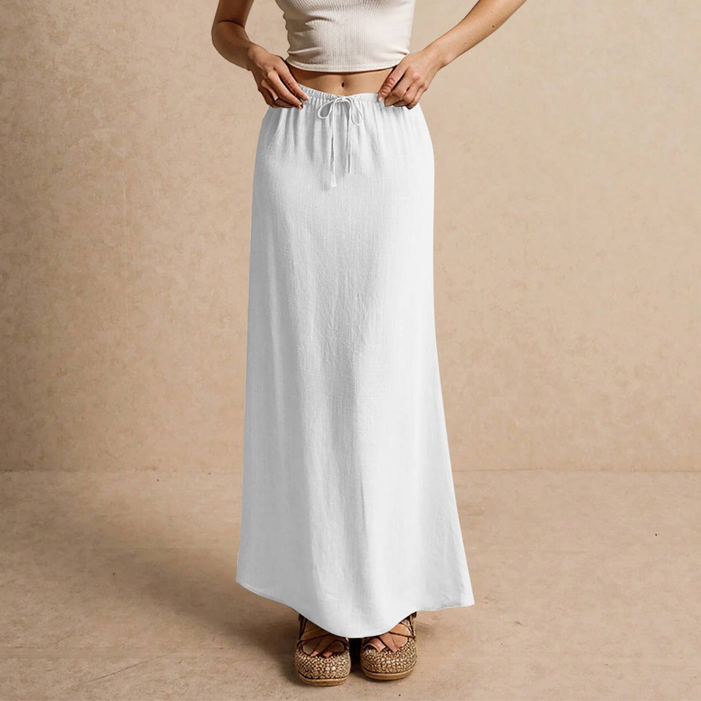 Solid drawstring waist maxi skirt