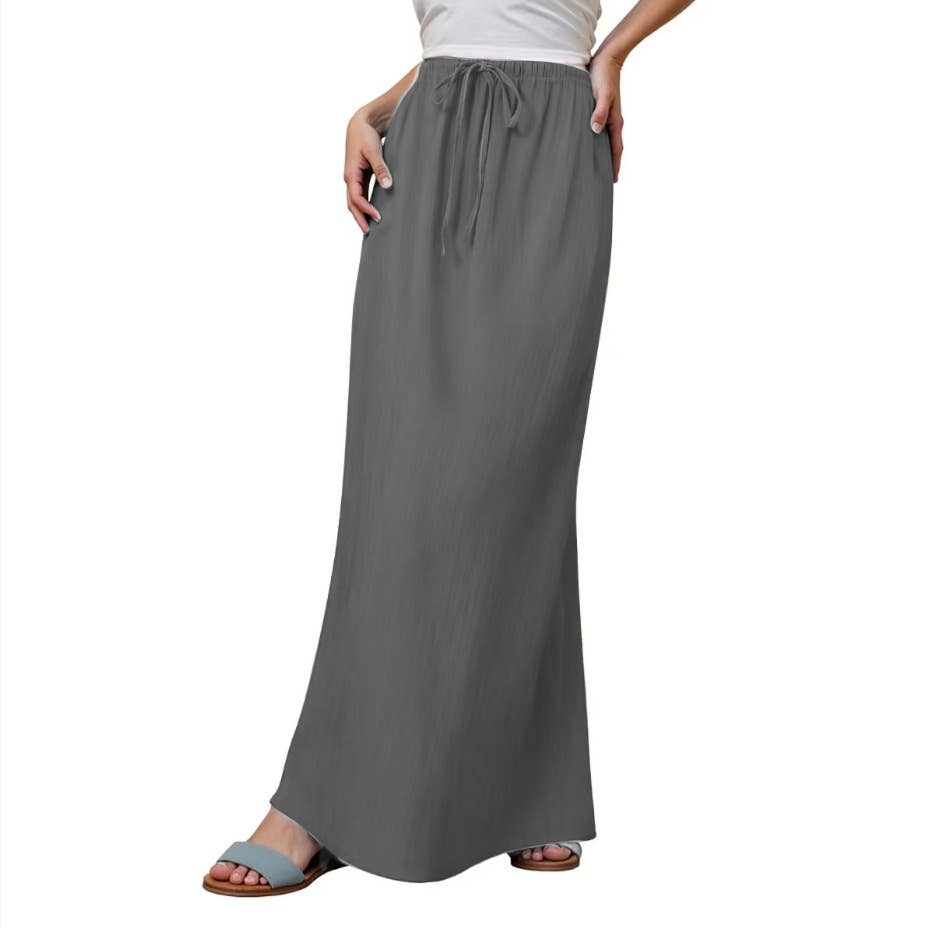 Solid drawstring waist maxi skirt