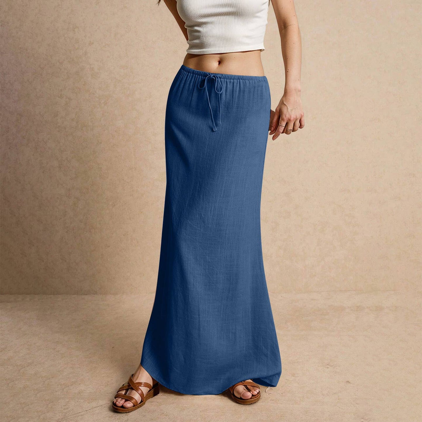 Solid drawstring waist maxi skirt