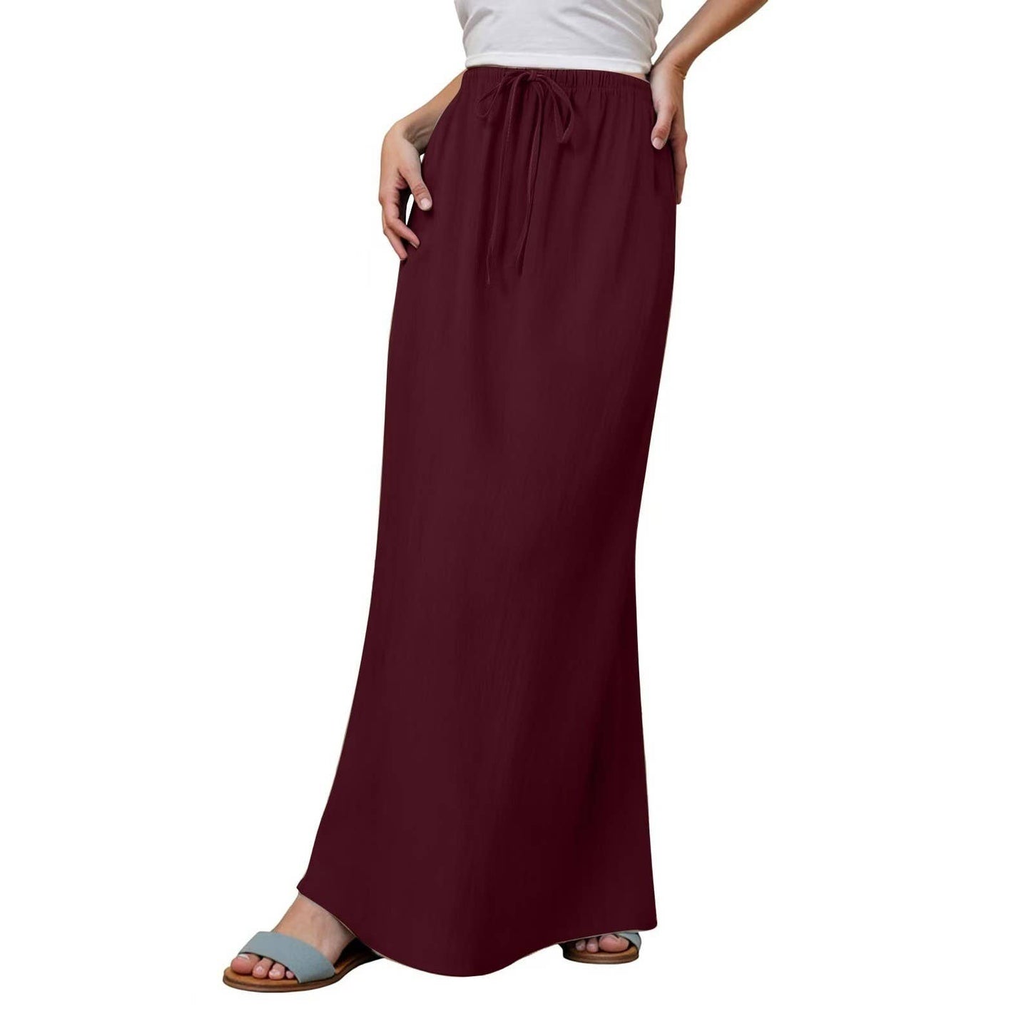 Solid drawstring waist maxi skirt
