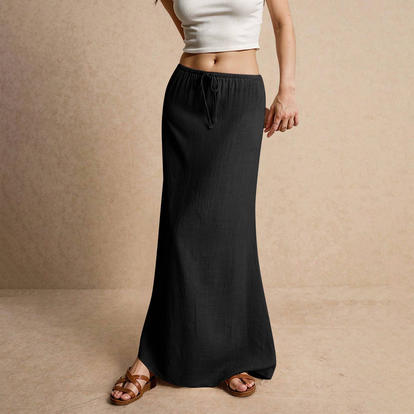 Solid drawstring waist maxi skirt