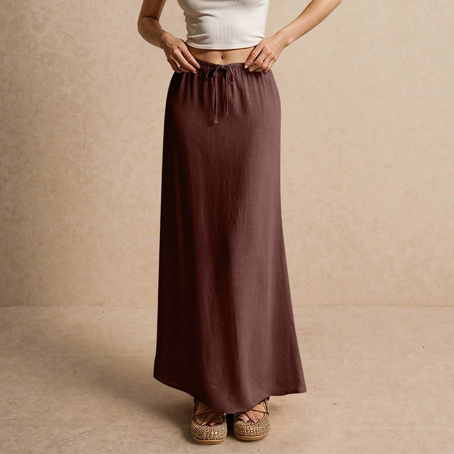 Solid drawstring waist maxi skirt