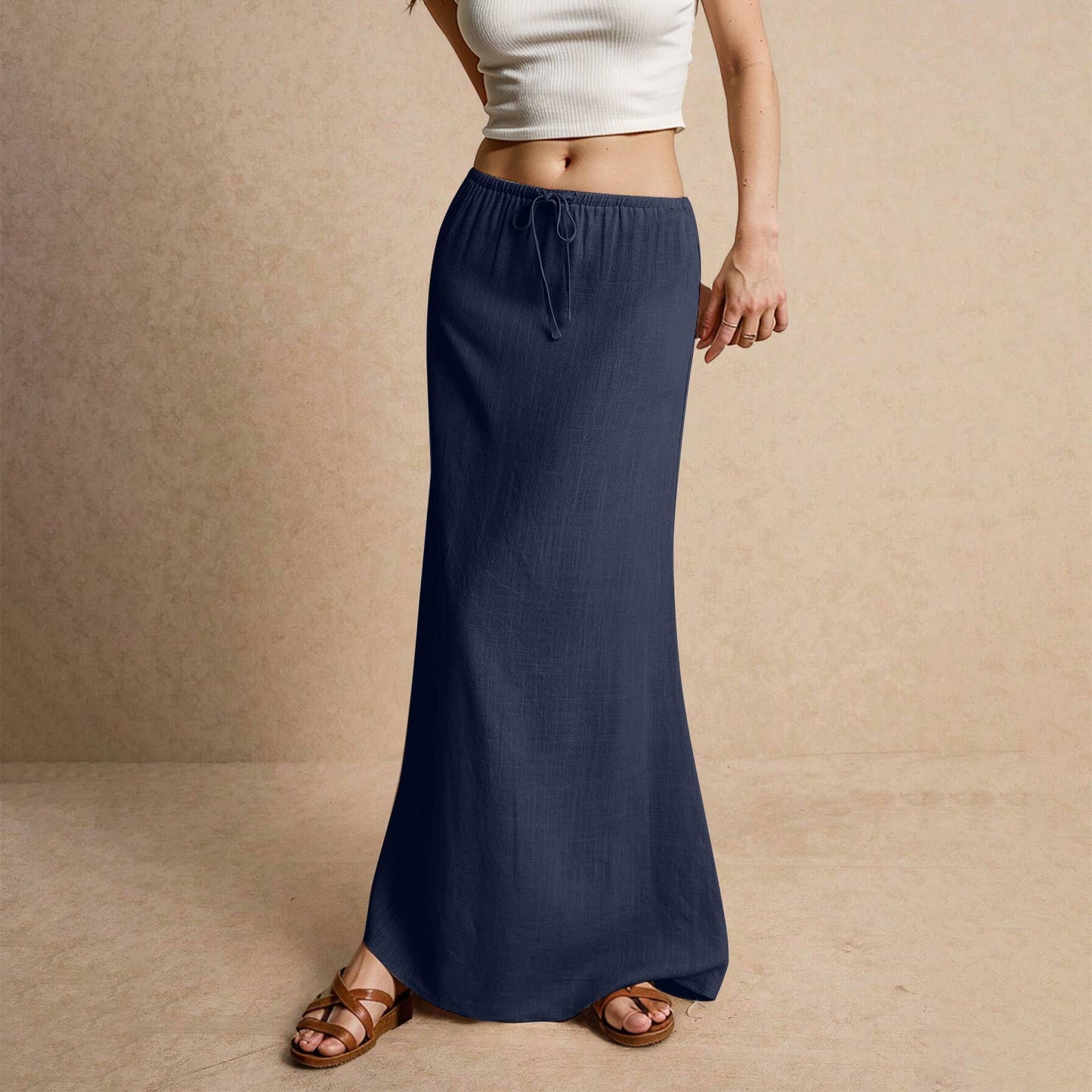 Solid drawstring waist maxi skirt