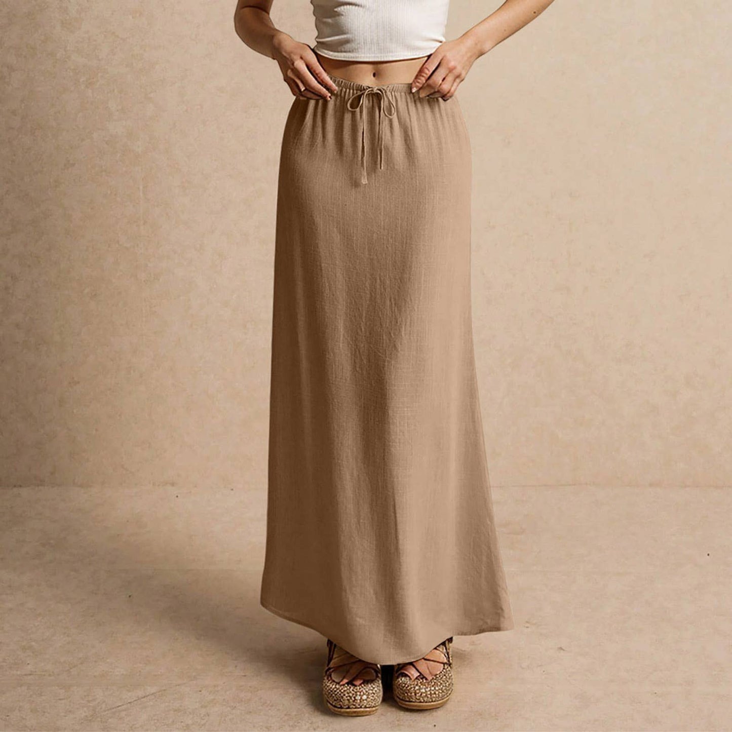 Solid drawstring waist maxi skirt
