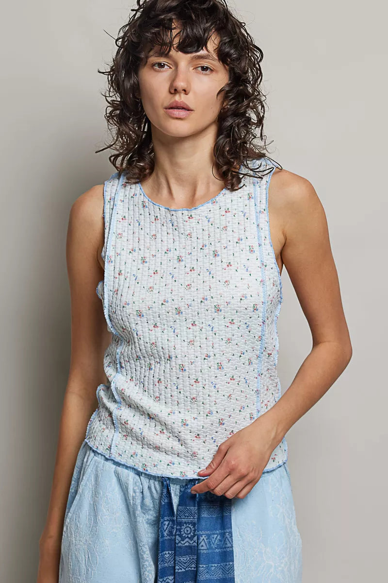 Blue multi floral POL Trendsi ribbed tank top with seam detail and round neckline, perfect for casual wear.