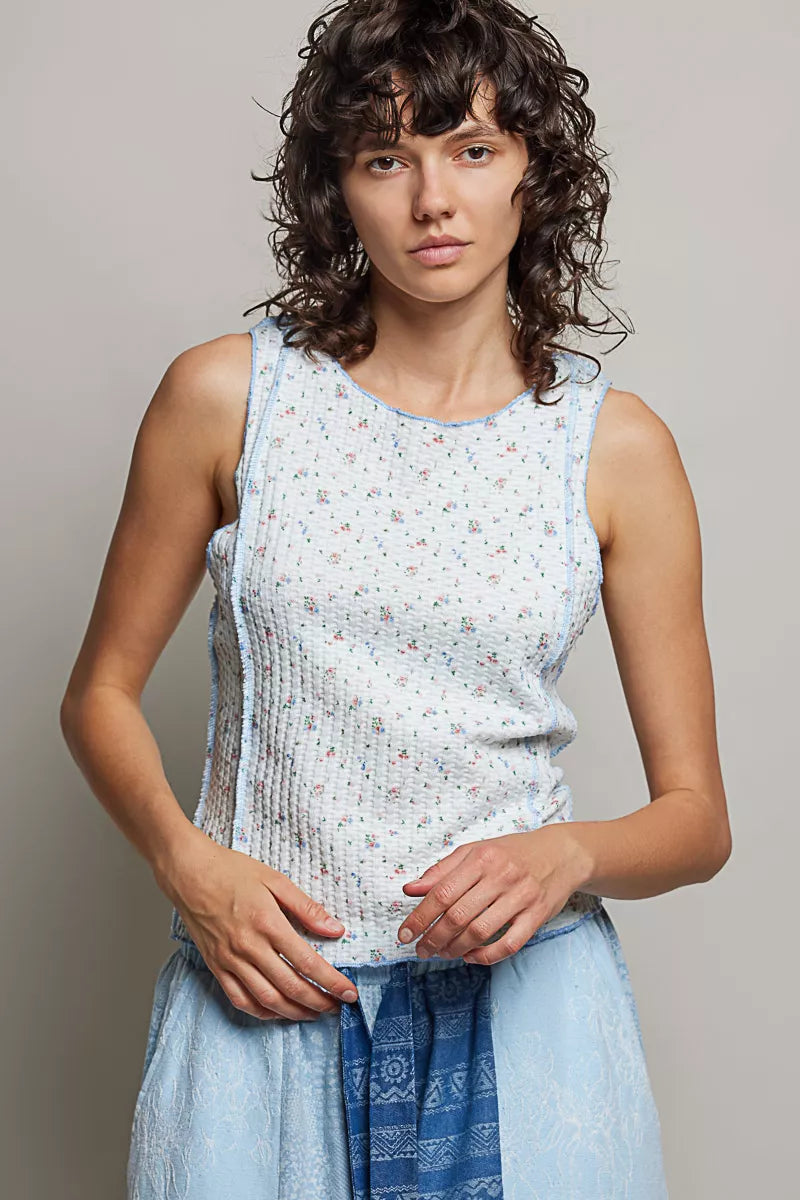 Blue floral ribbed tank top with seam details and round neckline, stylish sleeveless blouse from Trendsi.