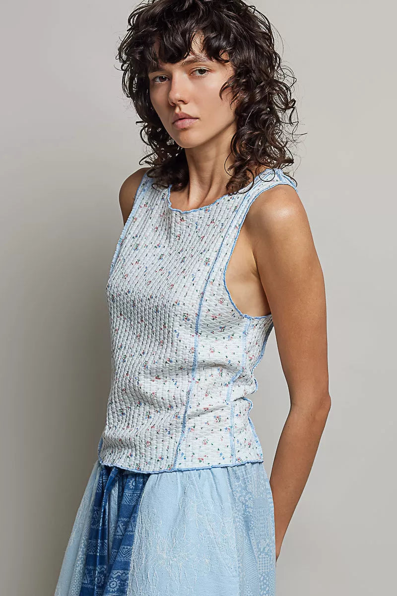 Blue floral ribbed tank top with seam detail and round neckline, from Trendsi.