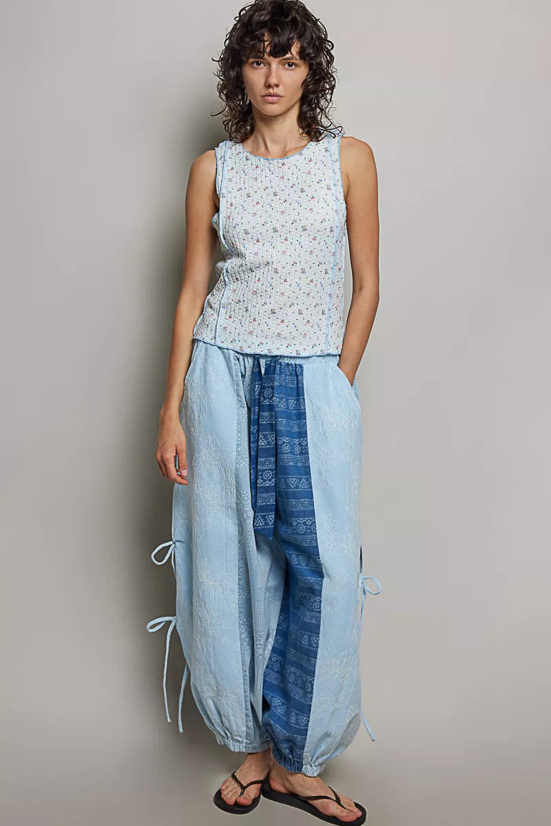 Blue multi floral POL seam detail ribbed tank top with round neckline, made by Trendsi.