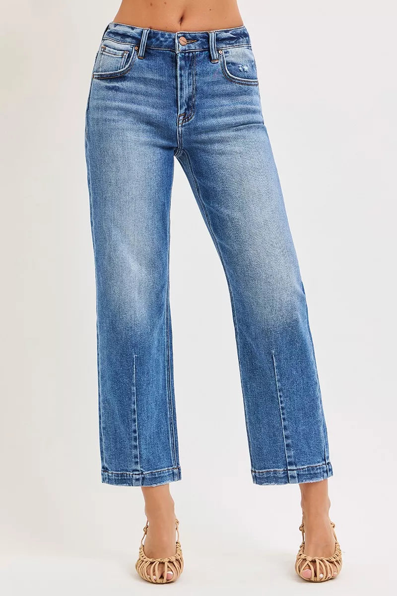 Dark wash Risen high-rise crop boyfriend tapered jeans by Trendsi, featuring a relaxed fit and classic denim style.