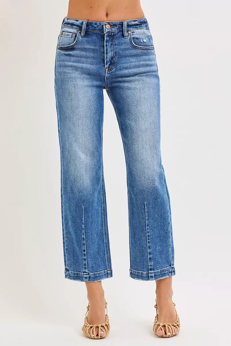 Dark wash Risen high-rise crop boyfriend tapered jeans from Trendsi, featuring a relaxed fit with tapered legs and a trendy high-rise waist.